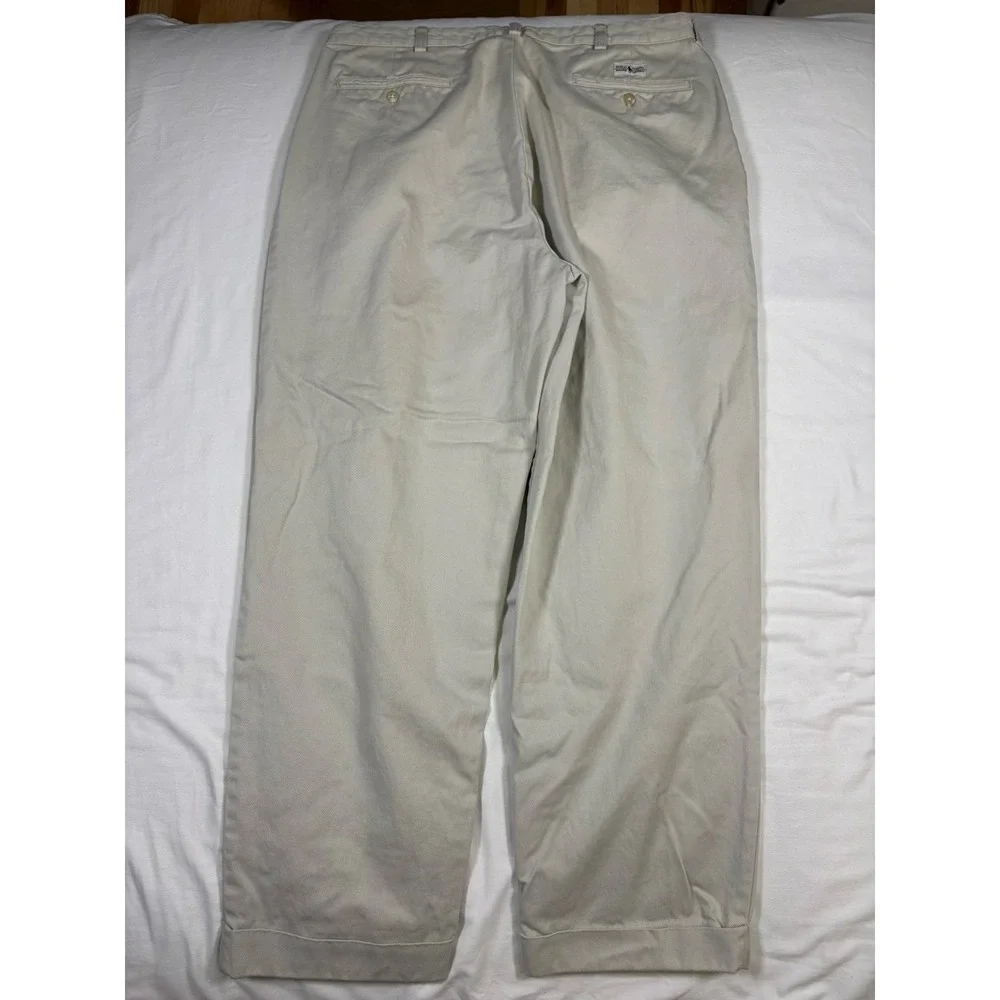 Polo Ralph Lauren Chino Pants Mens 35x30 Khaki Tan Pleated Cuffed Cotton Vintage